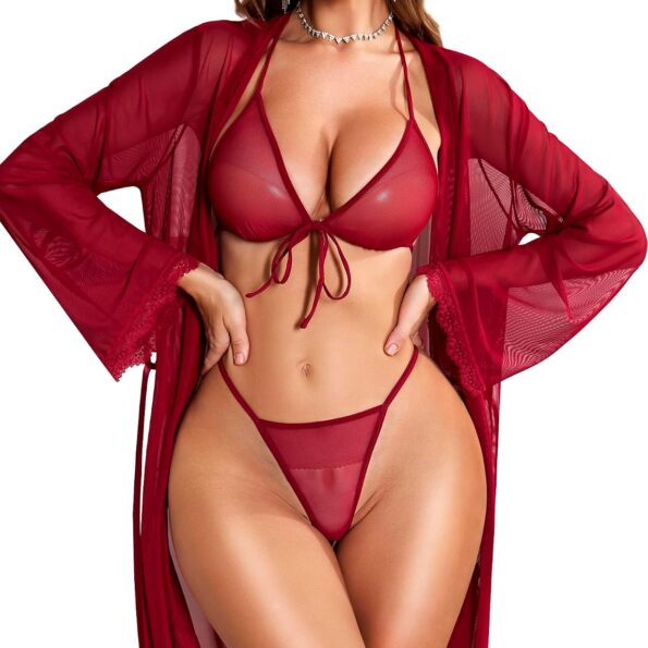 Women Sexy Lingerie Set - 3 Piece Bra and Panty Sets with Lace Kimono Robe Sheer Sleepwear Mesh Nightgown